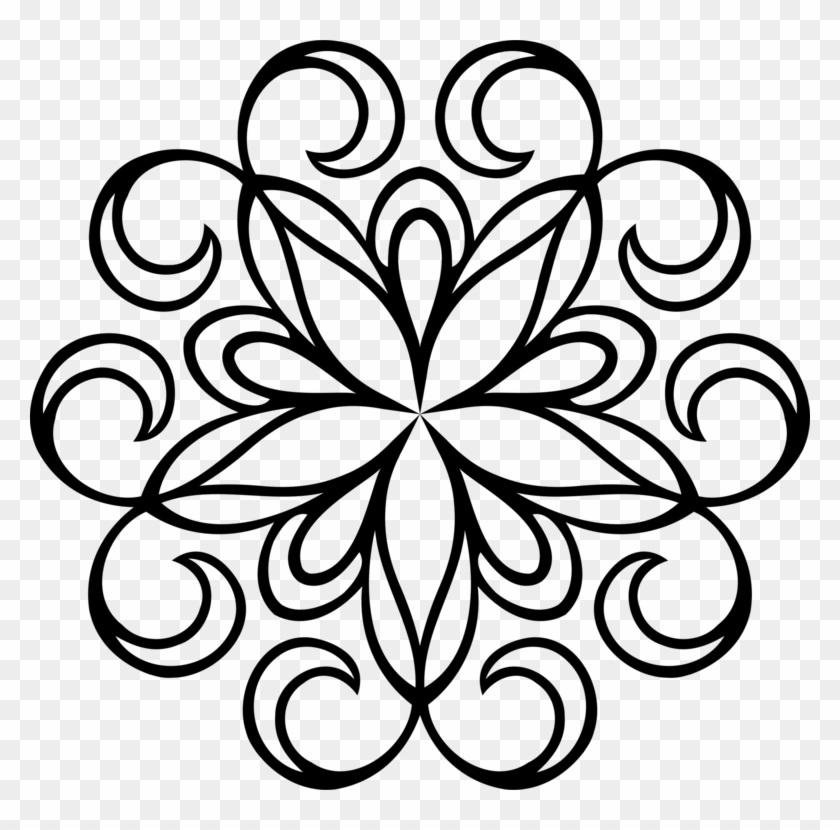 Black and white ornamental floral mandala with swirling vine details on transparent background.