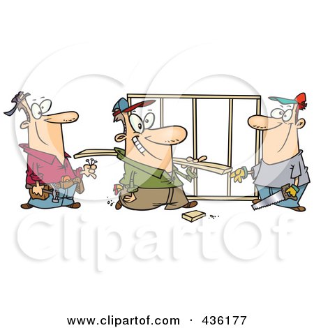Cartoon Construction Workers Building a Frame - Free Clipart