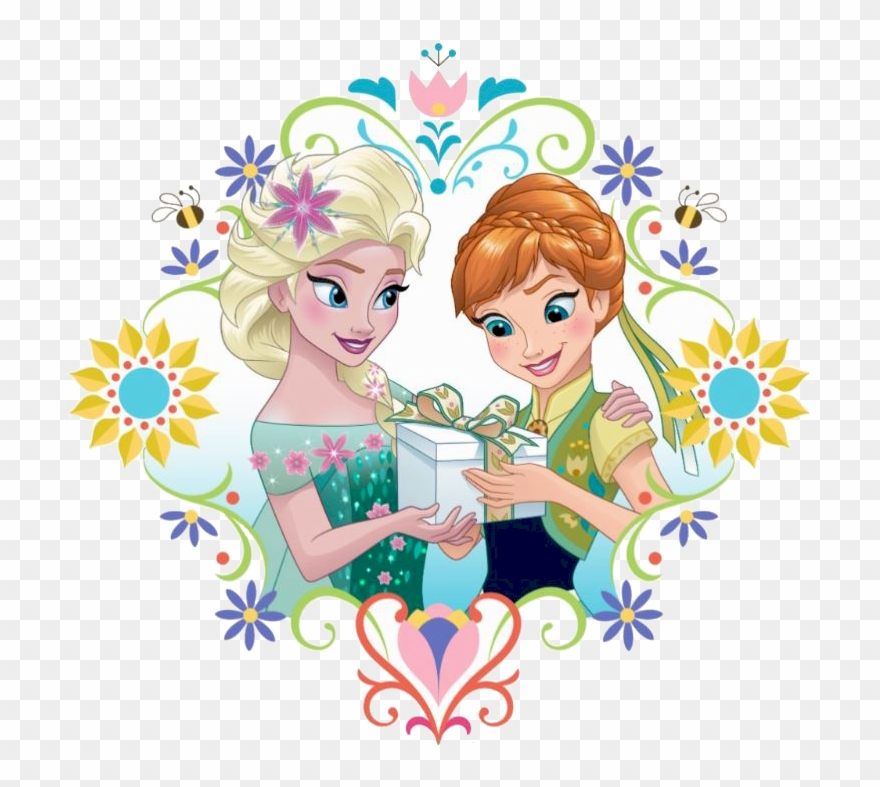 Elsa and Anna from Frozen sharing a gift, surrounded by floral swirls and bees in a cheerful, colorful illustration.