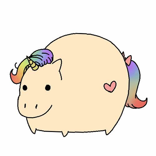 Cute chibi-style unicorn with rainbow mane and tail, smiling, pink heart on flank.