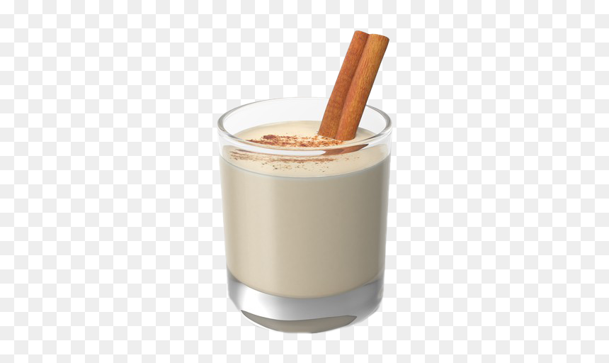 A glass of creamy eggnog garnished with cinnamon sticks and a dusting of ground cinnamon.