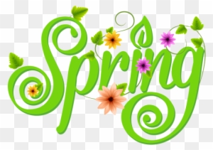 Decorative green "Spring" text with floral swirls and colorful flowers on transparent background.