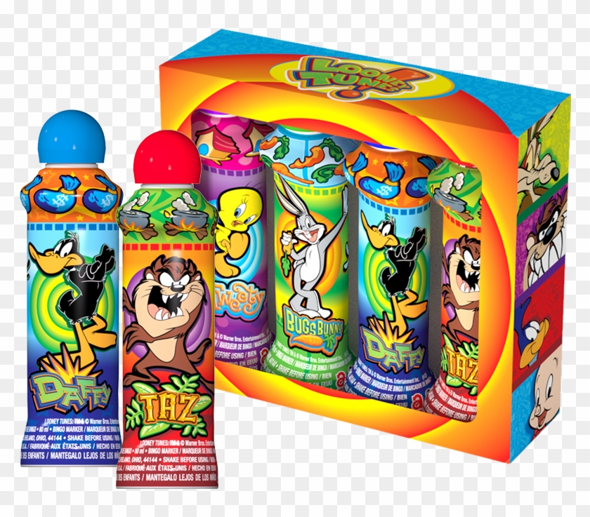 Looney Tunes-themed ink marker sets in colorful packaging featuring Daffy Duck, Taz, Tweety, Bugs Bunny, and other characters.