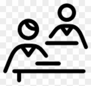 Two stylized people seated at a table, suggesting a meeting, interview, or consultation.