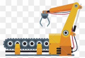 Yellow industrial robotic arm with gripper above conveyor belt with cylindrical parts.