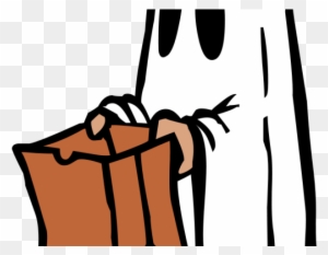 A cartoon ghost in a white sheet holds a brown paper bag with both hands, peeking out from behind it.
