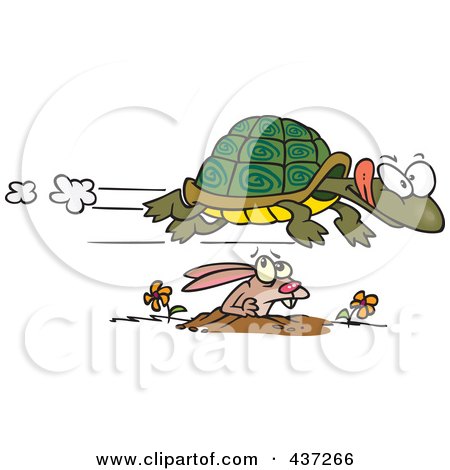 A cartoon turtle speeding past a startled rabbit in a race, with motion lines and flowers nearby.