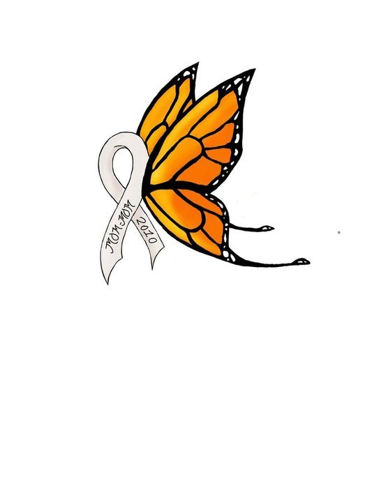 Orange monarch butterfly with white awareness ribbon inscribed "Mom 2010"