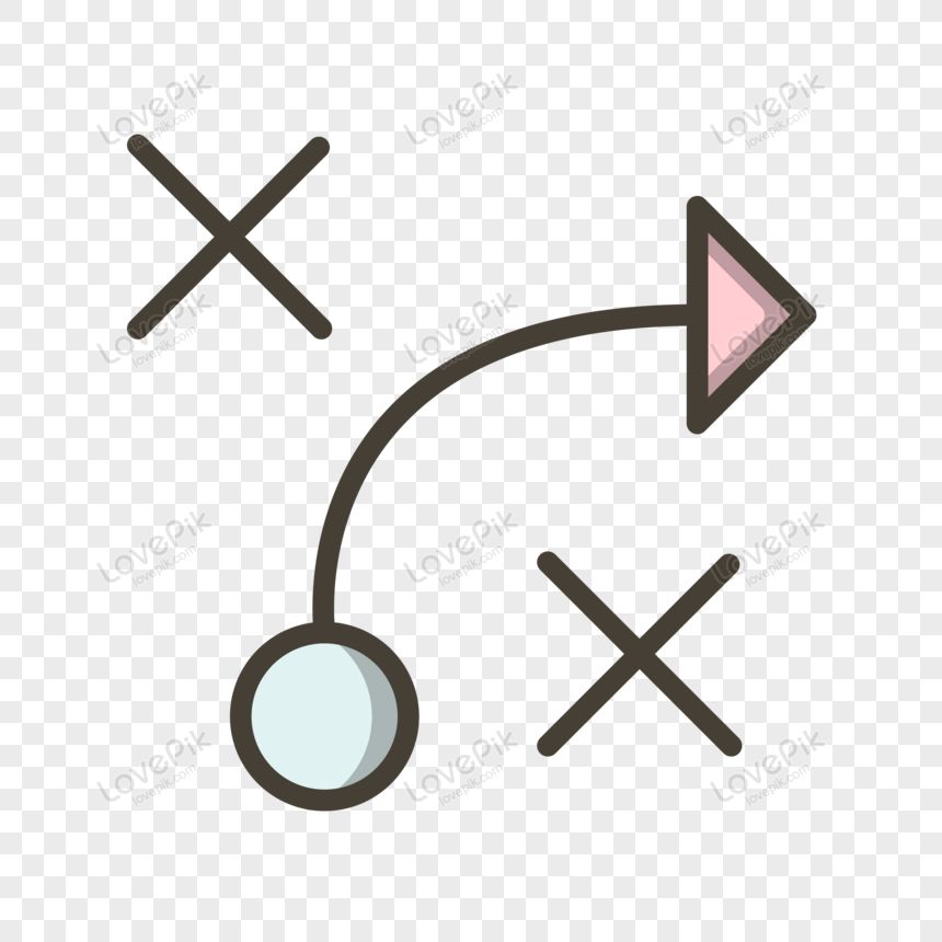Strategy diagram with starting point, curved path, arrow goal, and two X obstacles on transparent background.