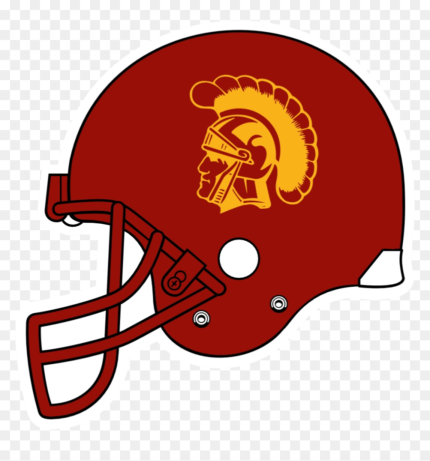 USC Trojans vintage football helmet with gold Trojan warrior logo on cardinal red background.