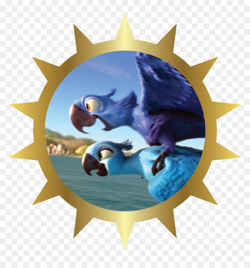 Two animated blue macaws flying over water inside a golden sunburst frame.