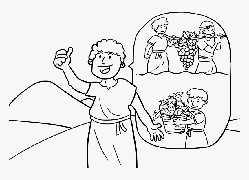 A smiling man gestures thumbs-up beside a thought bubble showing harvest scenes: grapes carried on poles and vegetables in a basket.