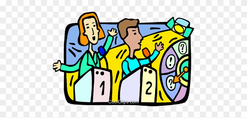 Two animated game show contestants at numbered podiums with a colorful prize wheel spinning beside them.