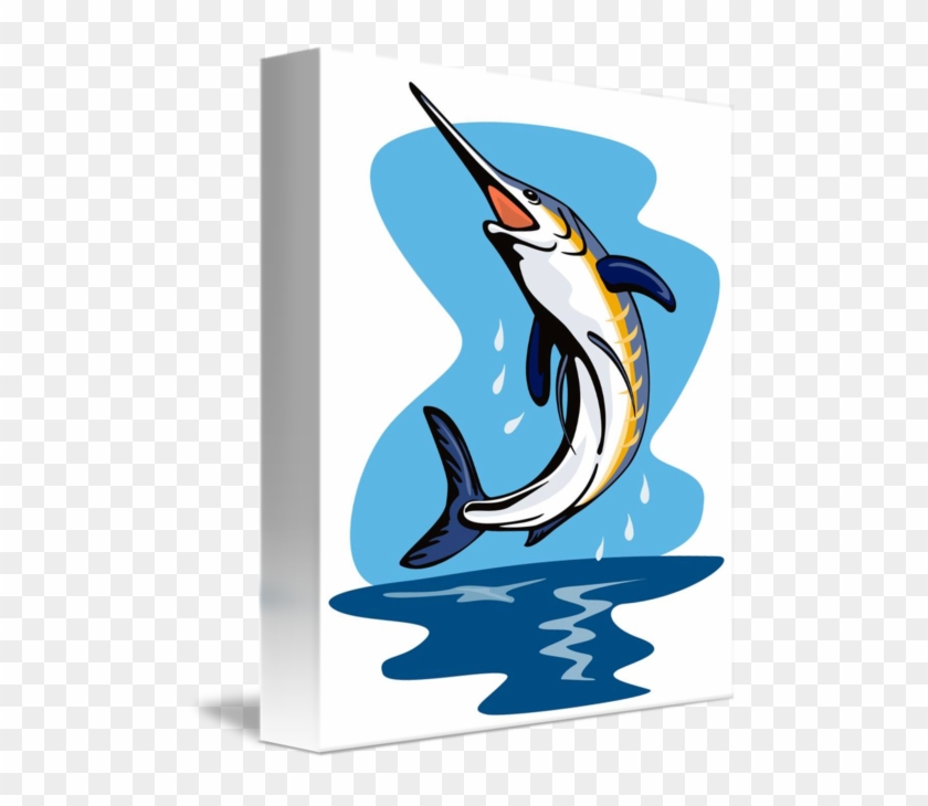 Stylized marlin leaping from water on a white canvas with blue background splash.