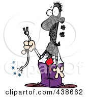 A cartoon man in purple boots holding a sparking electrical plug, looking shocked and disheveled.
