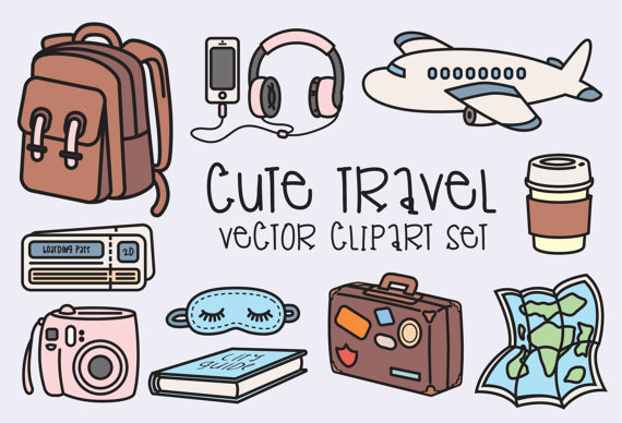 Cute travel-themed vector clipart set including backpack, airplane, camera, suitcase, map, and accessories.