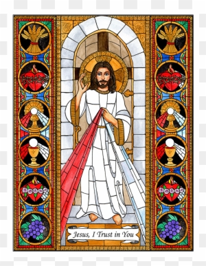 Divine Mercy image of Jesus with red and white rays, surrounded by sacramental symbols in stained-glass style.