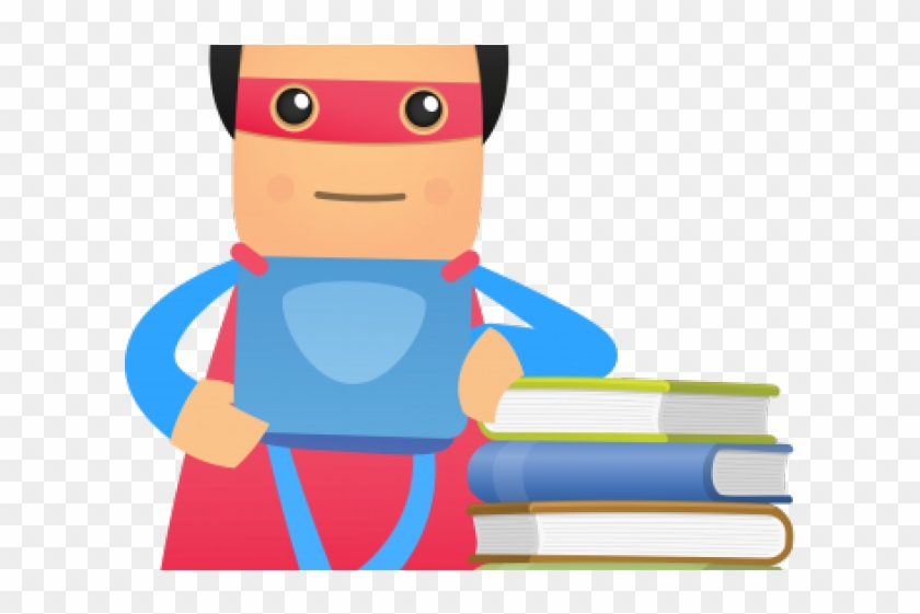 Superhero child holding books and a tablet, symbolizing learning and empowerment.