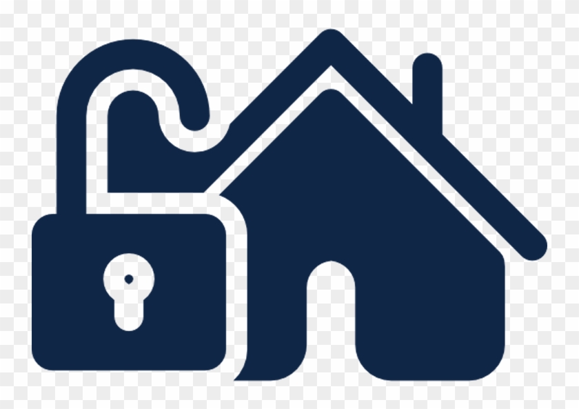 A navy blue icon showing an open padlock beside a house silhouette, symbolizing home security or unlocked property access.