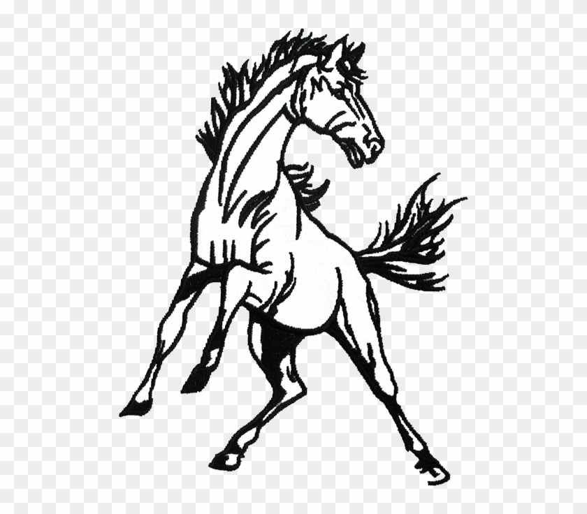 Black-and-white line drawing of a rearing horse with flowing mane and tail, dynamic pose on transparent background.