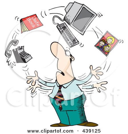 Stressed businessman juggling a diary, computer, phone, and photo-symbolizing work-life overload.