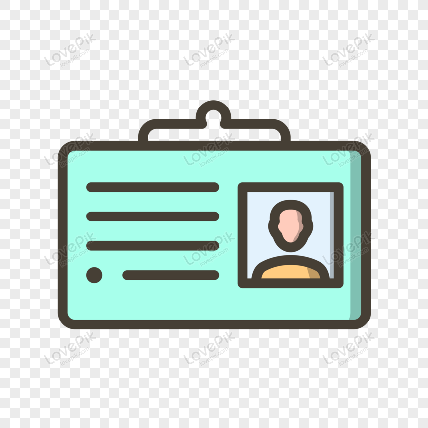 Illustrated ID badge with photo placeholder and text lines, mint green background, hanging lanyard loop.