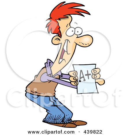 Cartoon man with spiky red hair holding a paper showing "A+B", looking surprised and excited.