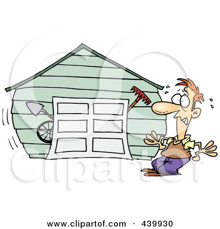 A cartoon man with wide eyes and sweat drops looks alarmed as a garage door shakes violently, revealing tools inside.