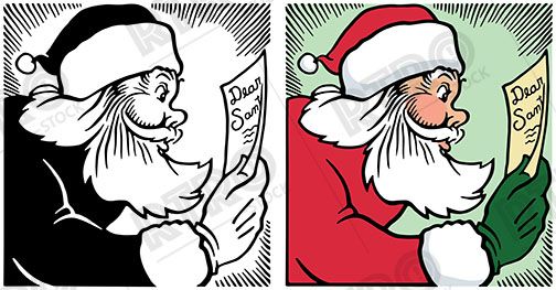 Black-and-white and color versions of Santa Claus reading a "Dear Santa" letter, pop-art style.