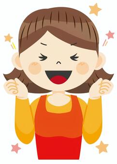 Happy cartoon girl with brown hair, red apron, and starry excitement, fists raised in joy.