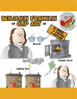 Benjamin Franklin clip art set featuring bifocals, lightning rod, Franklin stove, kite experiment, and colonial houses.