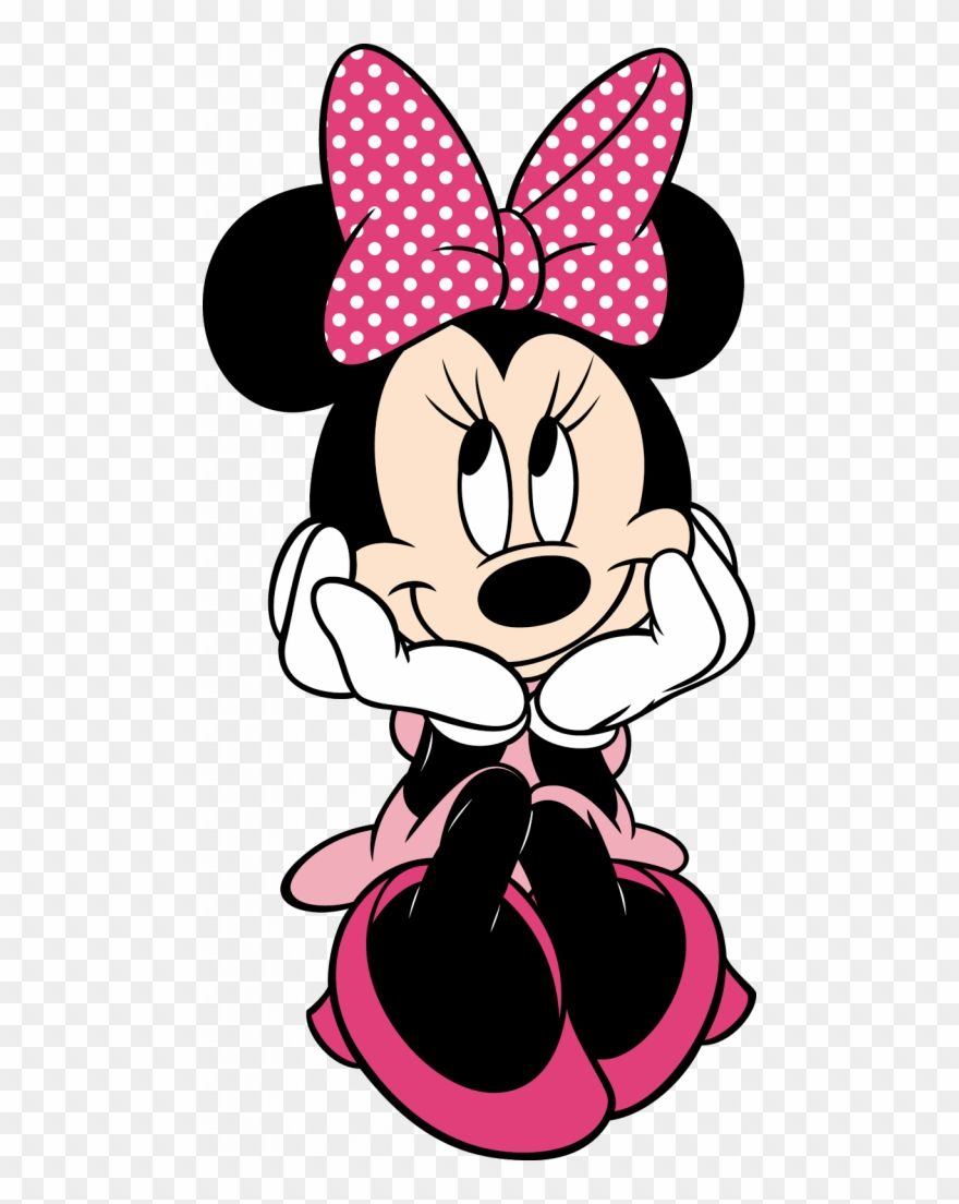 Minnie Mouse sitting with hands under chin, wearing pink polka-dot bow and dress.