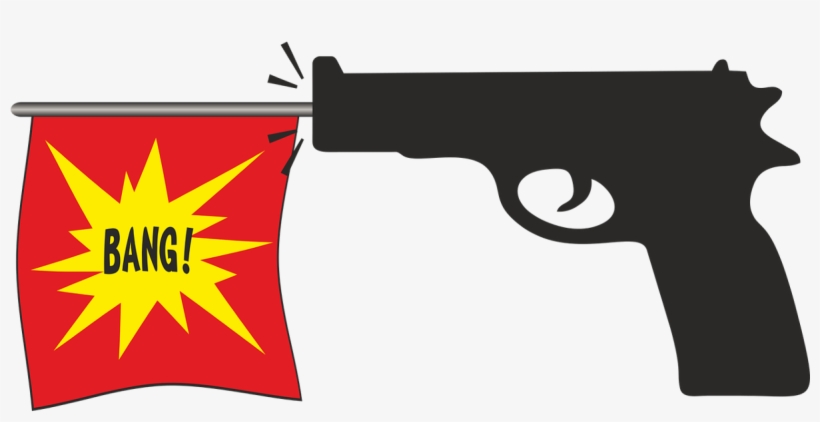 Black silhouette handgun firing a red flag with yellow "BANG!" explosion graphic.