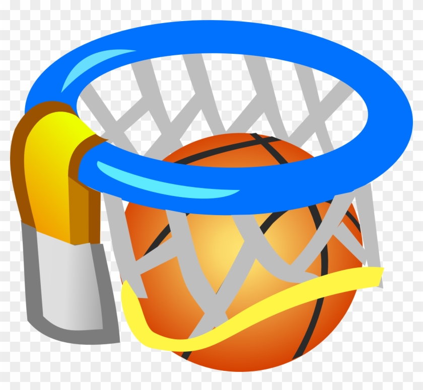 Animated basketball going through a blue hoop with yellow net and silver backboard support.