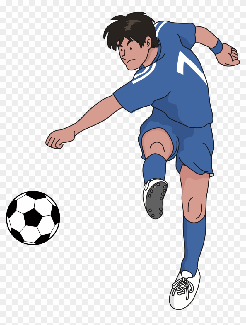 Animated soccer player in blue jersey kicking a classic black-and-white ball mid-action.