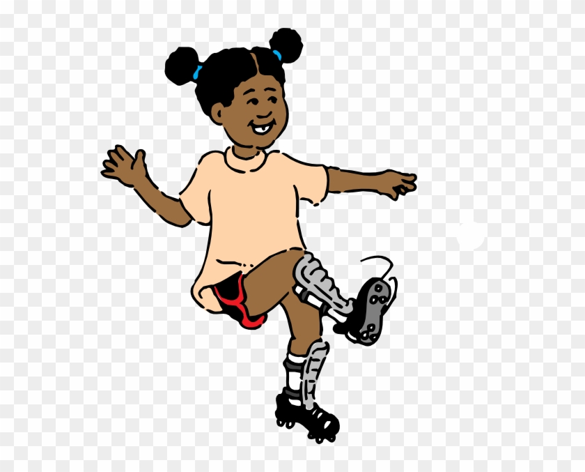 Smiling Black girl with pigtails kicking a soccer ball, wearing cleats and shin guards.