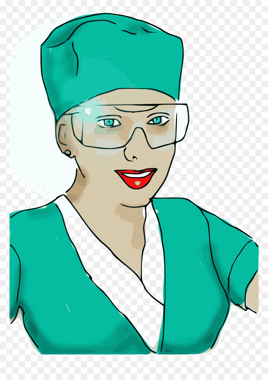 Female surgeon in teal scrubs, cap, and protective glasses, smiling confidently.