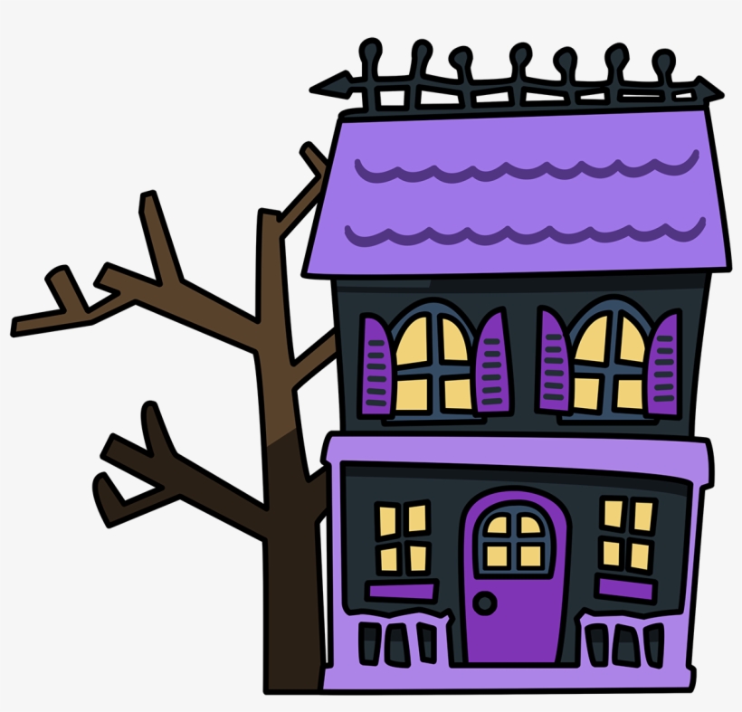 Spooky purple haunted house with glowing windows, black shutters, and a bare tree beside it.