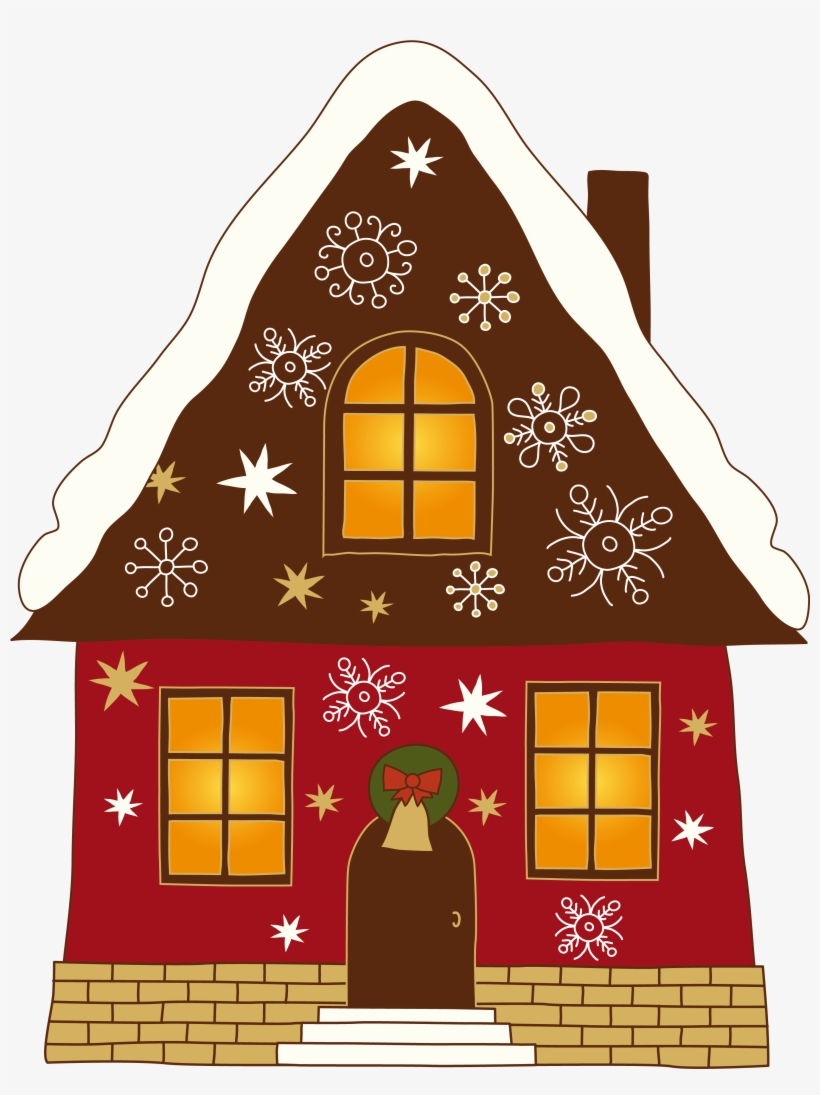 Festive gingerbread-style house with snow-covered roof, glowing windows, and decorative snowflakes and stars.