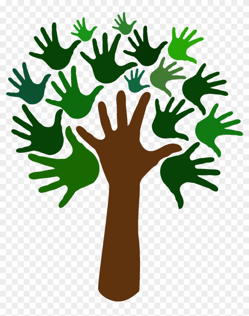 A stylized tree with a brown hand as the trunk and green hands forming the leafy canopy, symbolizing unity, growth, and community.