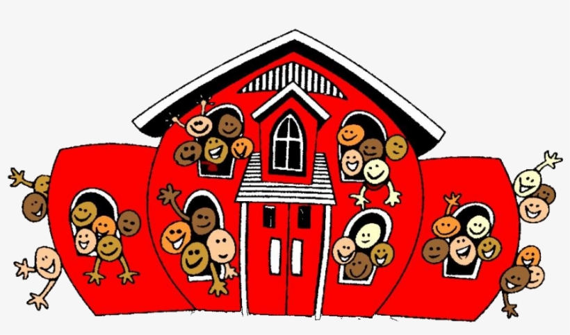 Cheerful cartoon children peeking from windows of a red schoolhouse with smiling faces and waving hands.