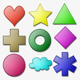 Colorful 2D geometric and symbolic icons including heart, star, triangle, cross, circle, diamond, sphere, cloud, and asterisk.