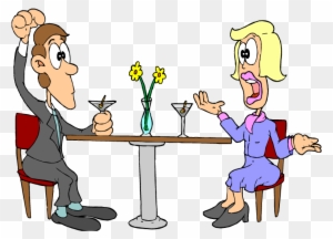 Cartoon of a frustrated man and angry woman arguing over drinks at a restaurant table with yellow flowers.