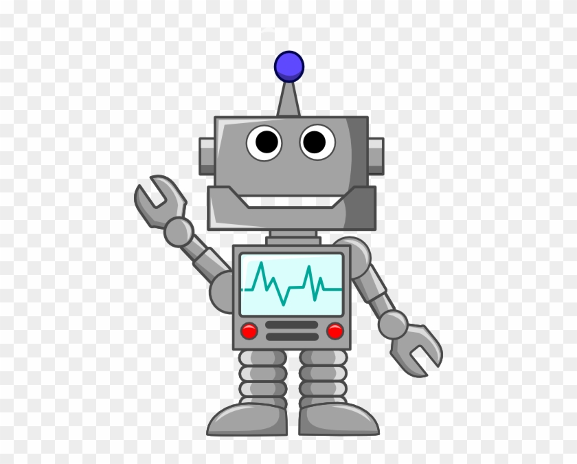Friendly cartoon robot with wrench hand, blue antenna, and EKG screen on chest, waving cheerfully.