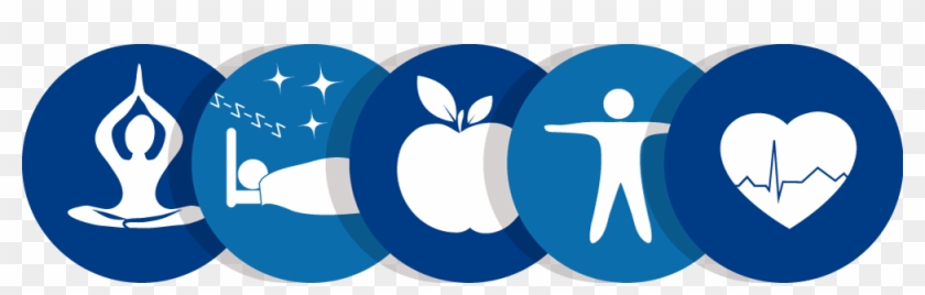 Five blue circular icons representing yoga, sleep, nutrition (apple), physical activity, and heart health with ECG line.
