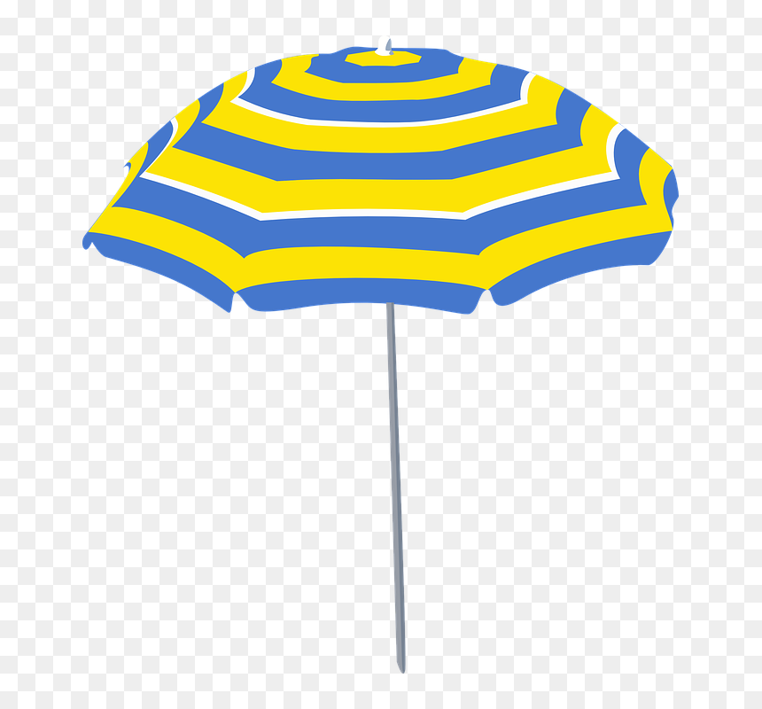 Blue and yellow striped beach umbrella with gray pole on transparent background.