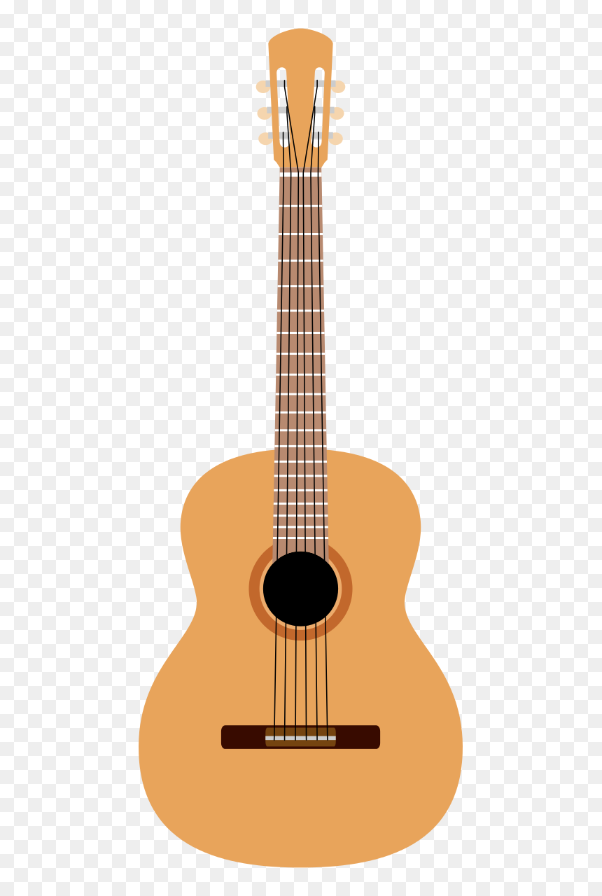 Illustration of a classic six-string acoustic guitar with natural wood finish and black soundhole.