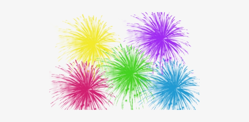 Five vibrant fireworks in yellow, purple, pink, green, and blue bursting against a white background.