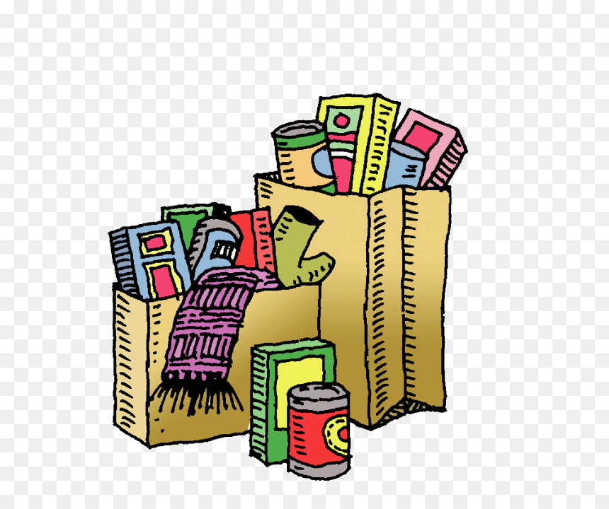 Two paper grocery bags overflowing with canned goods, boxes, and a scarf-illustrating food donation or pantry supplies.