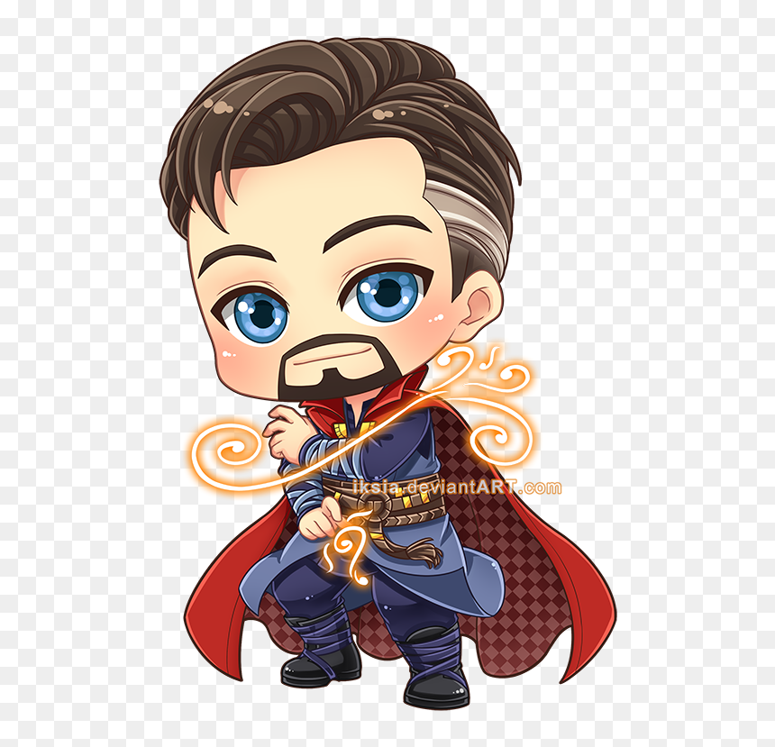 Chibi-style Doctor Strange casting a magical spell with glowing orange runes and red cape.